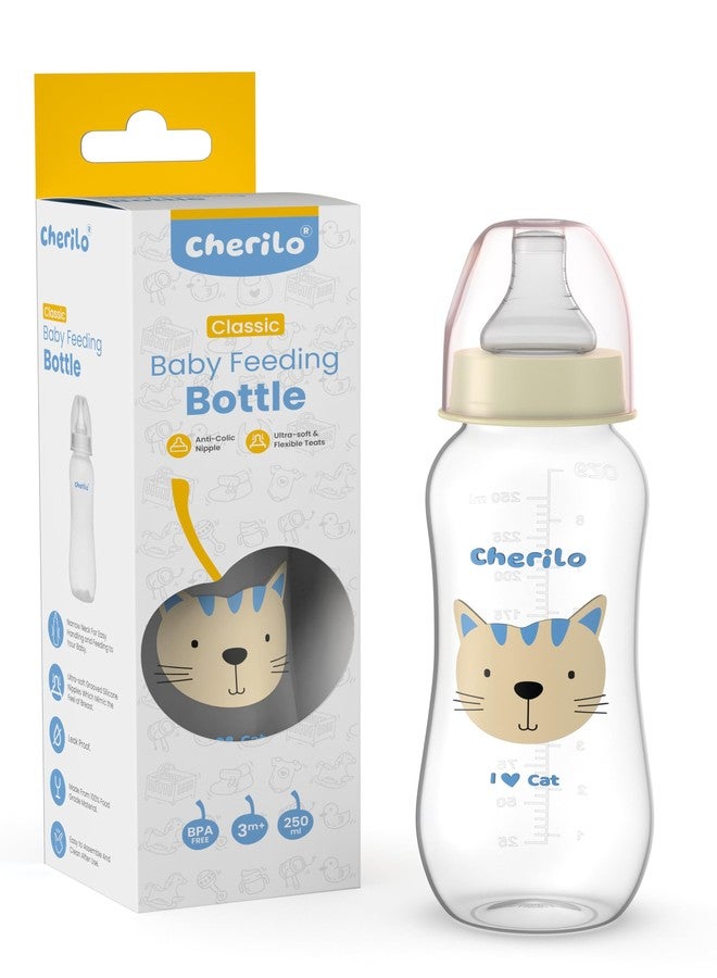 Cherilo Feeding Bottle for New Born | 250ml Anti-Colic Slim Neck BPA-Free Design Baby Feeder Bottle Upto 3 Years | Lovely Cat Style with Soft Silicone Nipple & Leak-Resistant Cap - Image 1