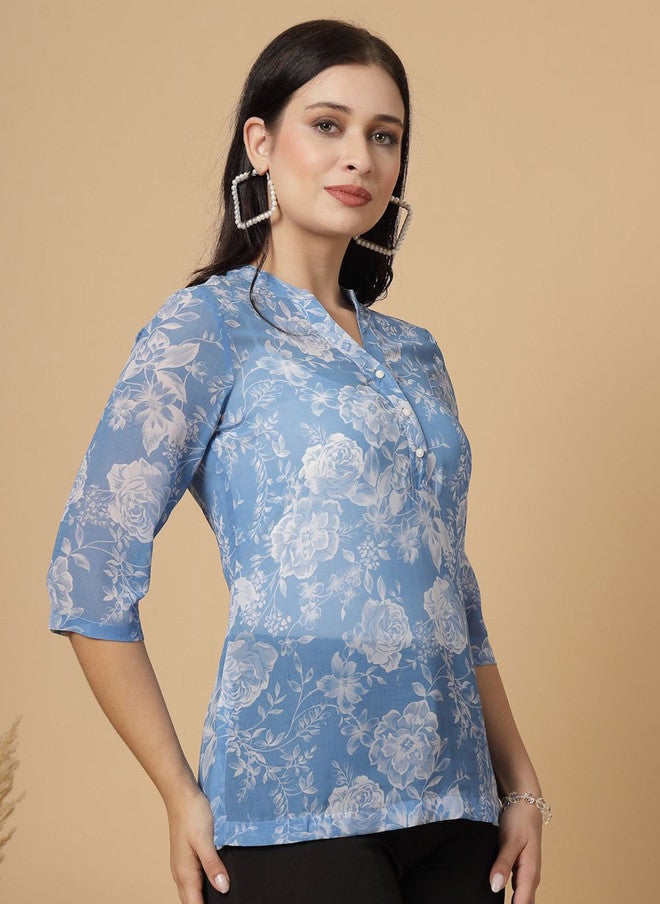 RAASSIO كُرتي زرقاء مزخرفة بالأزهار للنساء - Image 4