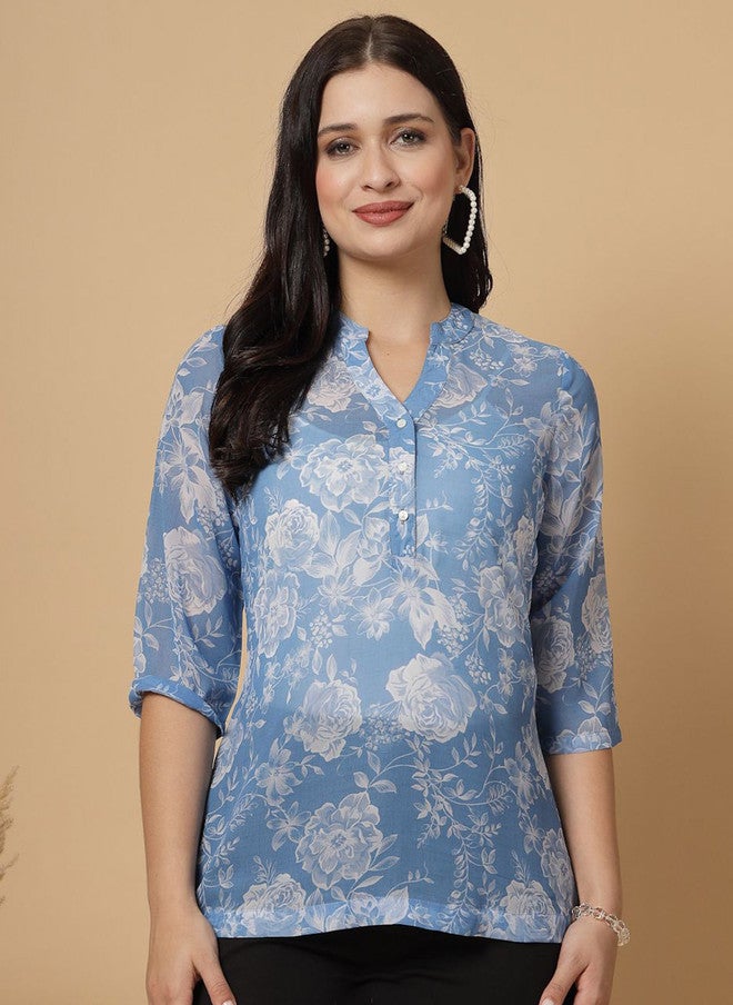 RAASSIO كُرتي زرقاء مزخرفة بالأزهار للنساء - Image 2