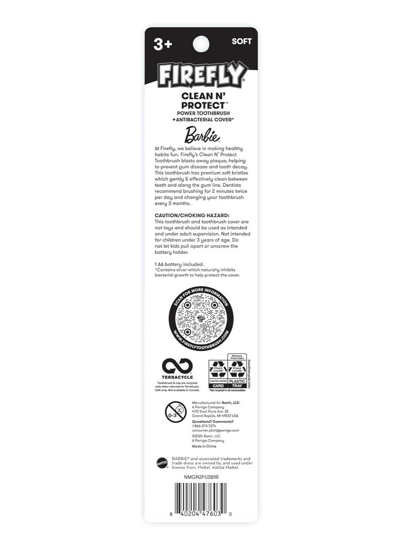فايرفلاي فرشاة أسنان باربي فايرفلاي كلين آند بروتيكت مع غطاء مضاد للبكتيريا، شعيرات ناعمة، مزودة ببطارية، مناسبة للأعمار من 3 سنوات فما فوق - Image 3