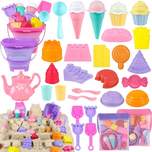 REZUCREY Collapsible Beach Toys for Toddlers Sand Bucket and Shovels Set Ice Cream Tea Set Travel Sand Toys for Beach Mesh Bag Castle Essentials Toy for Toddlers Kids Boys Girls Age 310 - Image 1