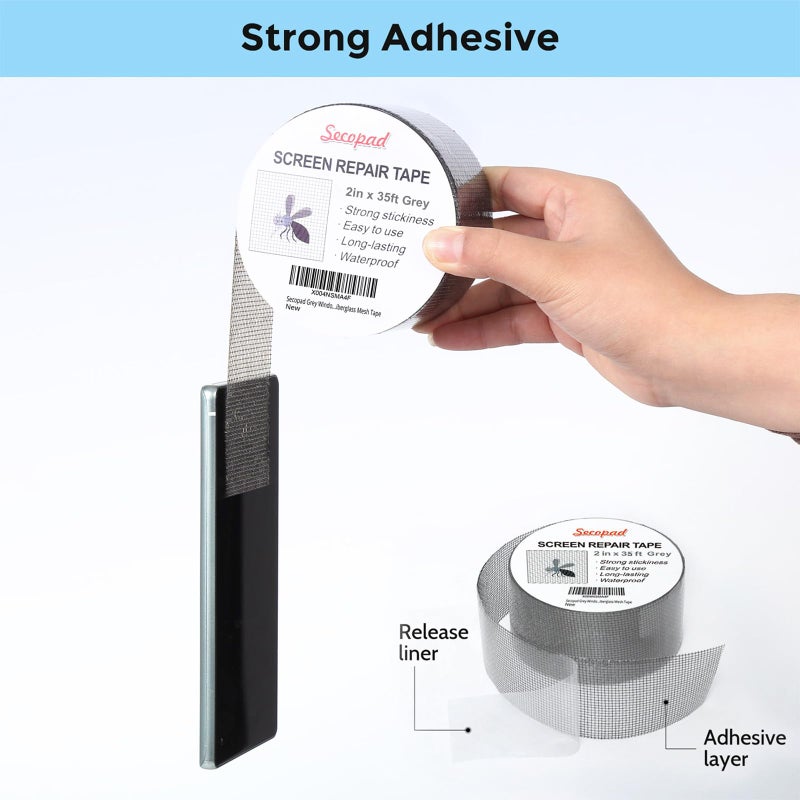 Secopad Grey Window Screen Repair Tape, 2IN X 35FT (420IN) Screen Repair Kit for Windows or Doors, Strong Adhesive Patch Kit Fiberglass Mesh Tape - Image 2