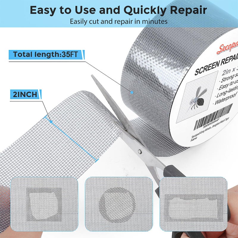 Secopad Grey Window Screen Repair Tape, 2IN X 35FT (420IN) Screen Repair Kit for Windows or Doors, Strong Adhesive Patch Kit Fiberglass Mesh Tape - Image 3