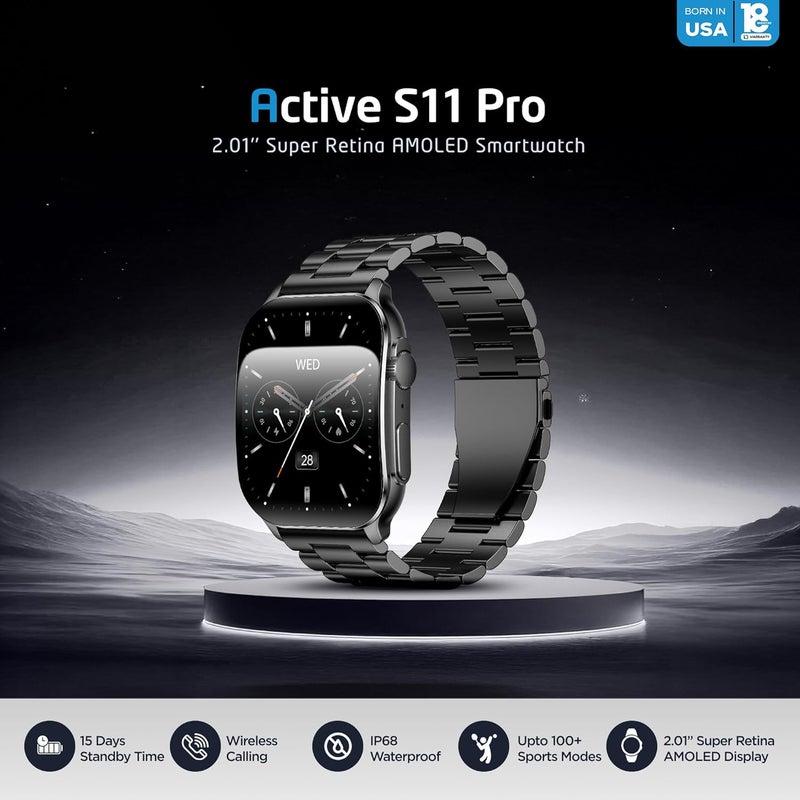 آي كيو تاتش ساعة IQ TOUCH Active S11 Pro الذكية ذات الشاشة المنحنية، شاشة Super Retina AMOLED بحجم 2.01 بوصة، اتصال لاسلكي، سوار من الفولاذ المقاوم للصدأ، مقاومة للماء بمعيار IP68، بطارية تدوم 7 أيام، أكثر من 100 وضع رياضي، تتبع صحي على مدار الساعة - Image 3