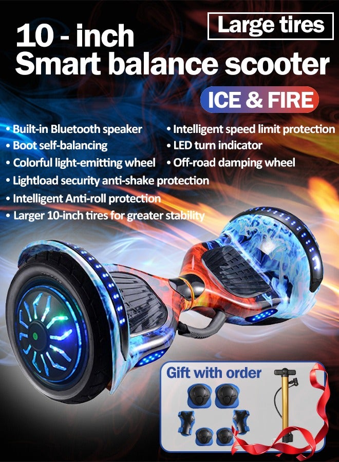 10-inch Upgraded Electric Balance Scooter with Built-In Bluetooth Speaker and LED Light Strip, Maximum Load-Bearing Capacity 120kg, Large-Size Balance Scooter for Adults(Fire&Ice)