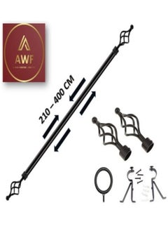 AL WADI FURNITURE Roman Pole Style Heavy Duty Luxury Extendable Curtain Rod, Metal Single Rod Finials Decorative End Window Treatment Rod Drapery Rod (BLACK, 200 – 400 cm)  - Image 1
