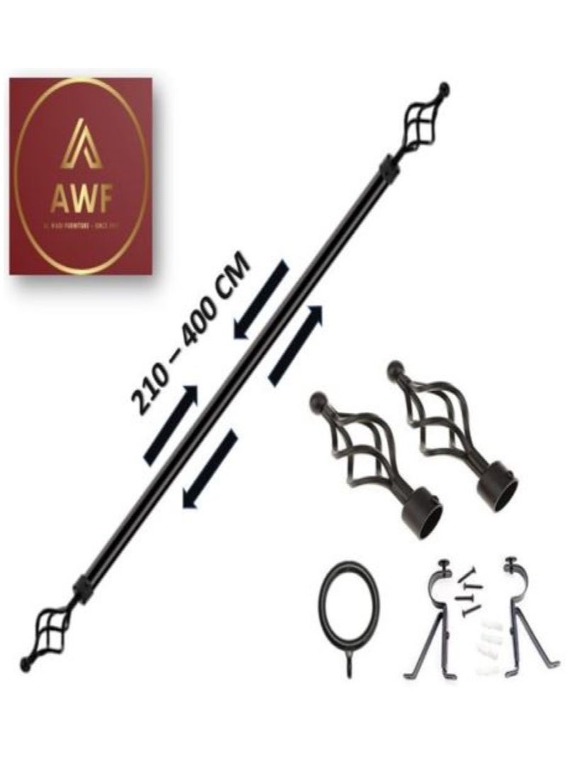 AL WADI FURNITURE Roman Pole Style Heavy Duty Luxury Extendable Curtain Rod, Metal Single Rod Finials Decorative End Window Treatment Rod Drapery Rod (BLACK, 200 – 400 cm)  - Image 1