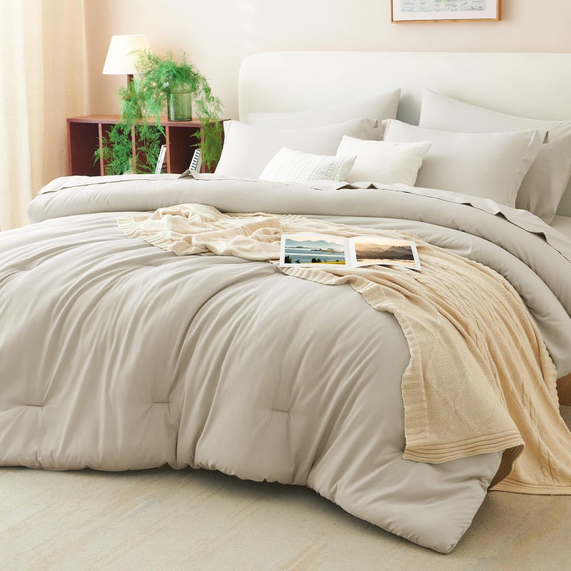 CozyLux Oversized King Comforter Set Beige, 7 Pieces Bed in a Bag Comforter Set with Sheets, Soft Bedding Sets with Down Alternative Comforter, Fitted Sheet, Flat Sheet, Pillow Shams and Pillowcases - Image 1