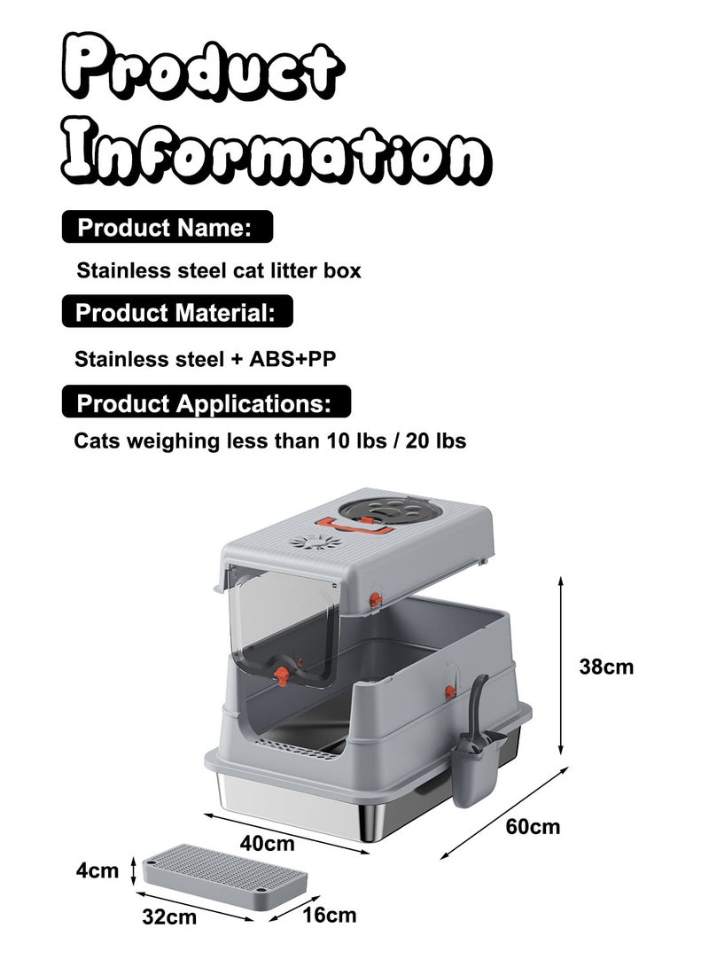 Kidle Large Fully Enclosed Stainless Steel Cat Litter Box with Litter Scoop Cat Toilet Cat Litter Tray High Wall Side Shell Non-Sticky Anti Splashing and Easy Clean 40*60*38cm - Image 4