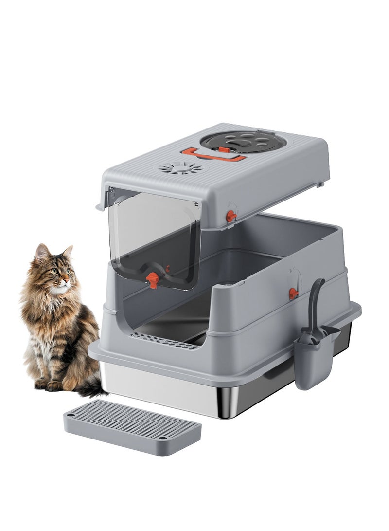 Kidle Large Fully Enclosed Stainless Steel Cat Litter Box with Litter Scoop Cat Toilet Cat Litter Tray High Wall Side Shell Non-Sticky Anti Splashing and Easy Clean 40*60*38cm - Image 1