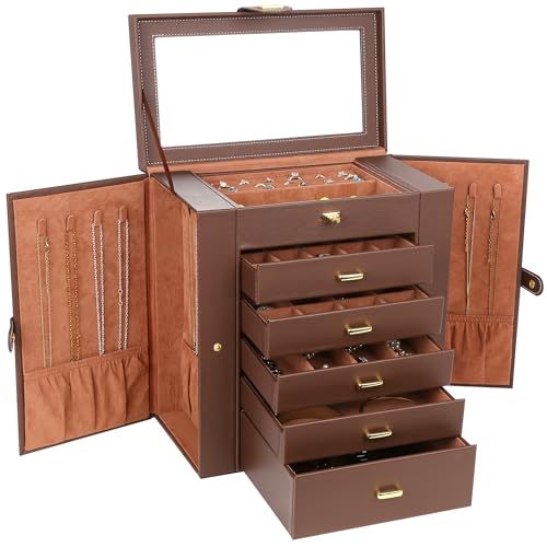 Kendal Extra Large Jewelry Box Jewelry Case PU Leather 6 Tier 5 Drawers Large Storage Capacity with Mirror Jewelry Storage Organizer Great Gift Also Good For Watches LJCSHD5BN Brown