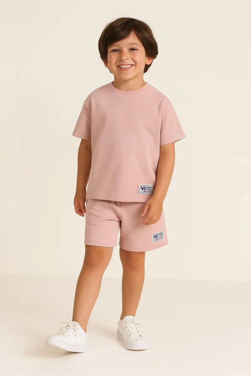 فكتور اند جين "Boys Cotton Interlock Tee &amp; Shorts Set – Peach "