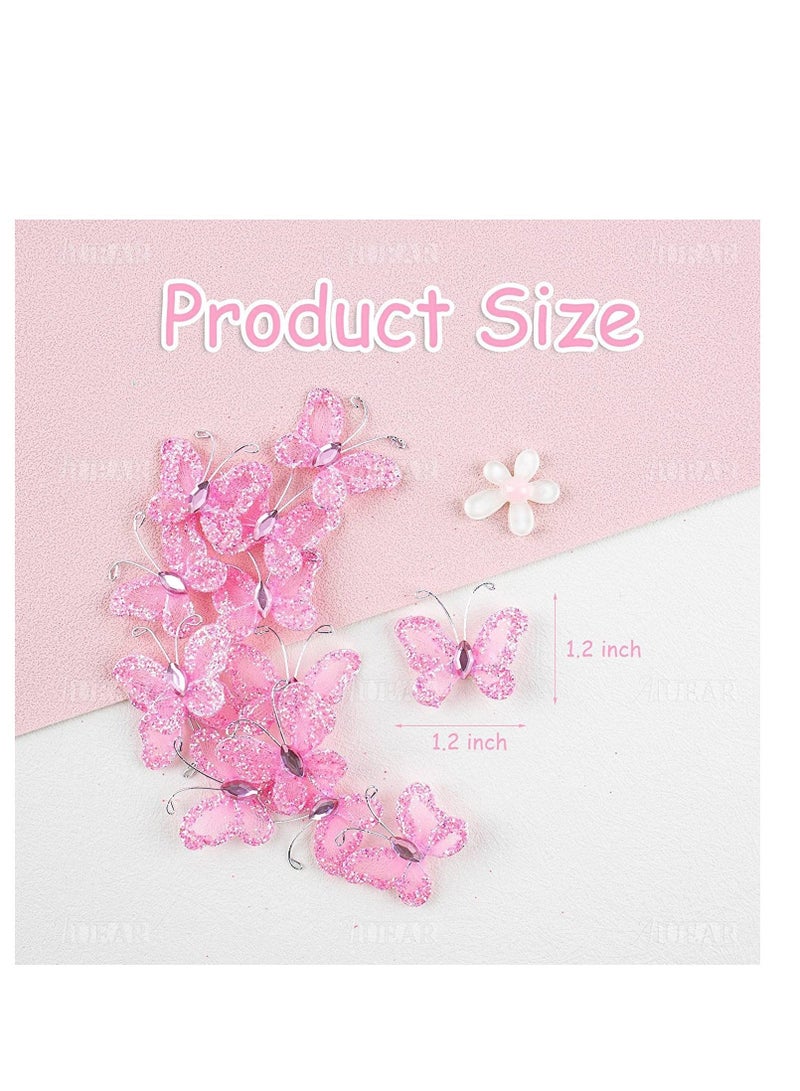 نيبمينينت 50 Pack Sheer Mesh Wire Glitter Butterfly with Gem for Home and Wedding Decoration Party Wall Decorations (Pink)  - Image 5