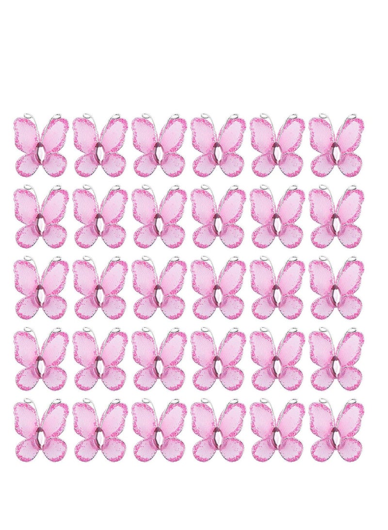 نيبمينينت 50 Pack Sheer Mesh Wire Glitter Butterfly with Gem for Home and Wedding Decoration Party Wall Decorations (Pink)  - Image 1