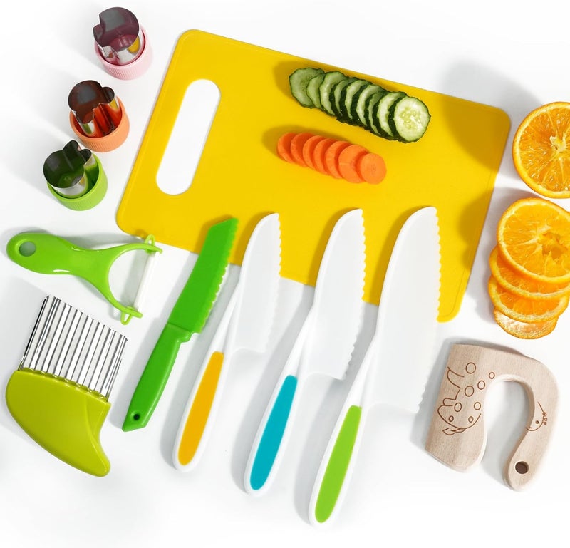 melican Kids Kitchen Knife Set, 11 Pcs Montessori Kitchen Tools for Toddlers' Real Cooking, Include Kid Knives, Crinkle Cutter, Sandwich Cutters, Peeler, Cutting Board for Birthday - Image 1