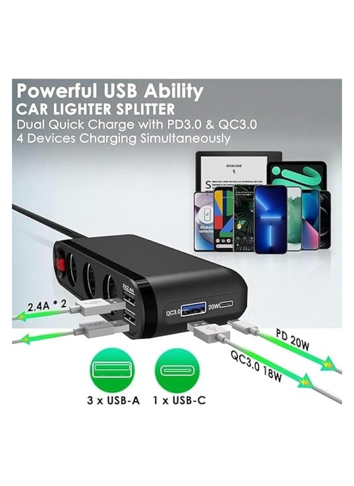 erorex Adapter, 120W 12V/24V 3 Socket Power Distribution USB Charger, LED Voltage Display Super Fast Charging Car Charger Adapter for All Phones and Car Devices  - Image 3