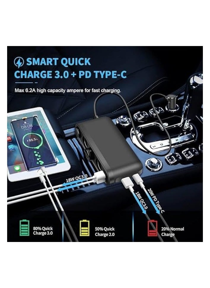 erorex Adapter, 120W 12V/24V 3 Socket Power Distribution USB Charger, LED Voltage Display Super Fast Charging Car Charger Adapter for All Phones and Car Devices  - Image 2