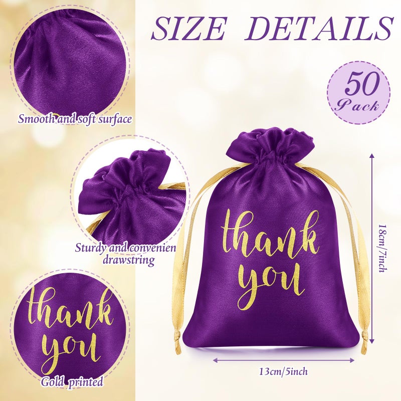 Sieral 50 Pcs Thank You Satin Gift Bags with Drawstring Jewelry Candy Pouches for Valentines Easter Wedding Baby Shower Birthday Holiday Party Thank You Bag for Gift Wrap(Purple,5 x 7 Inch) - Image 2