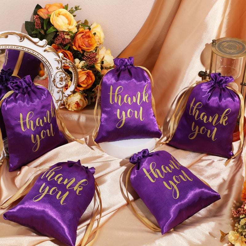 Sieral 50 Pcs Thank You Satin Gift Bags with Drawstring Jewelry Candy Pouches for Valentines Easter Wedding Baby Shower Birthday Holiday Party Thank You Bag for Gift Wrap(Purple,5 x 7 Inch) - Image 3