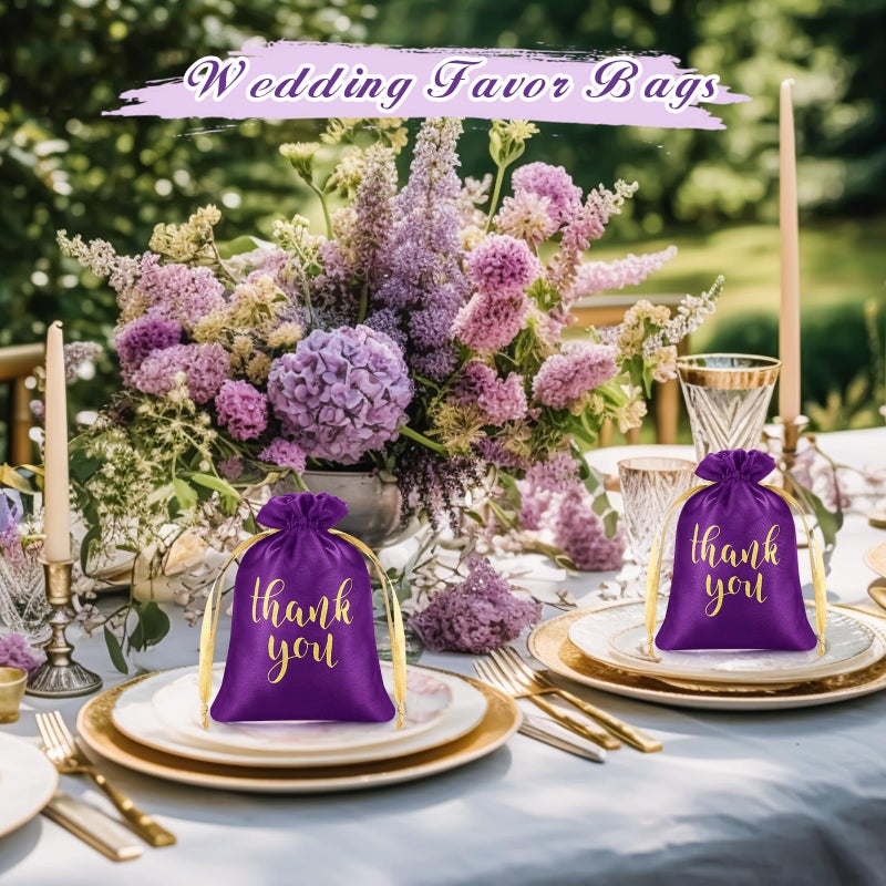 Sieral 50 Pcs Thank You Satin Gift Bags with Drawstring Jewelry Candy Pouches for Valentines Easter Wedding Baby Shower Birthday Holiday Party Thank You Bag for Gift Wrap(Purple,5 x 7 Inch) - Image 4