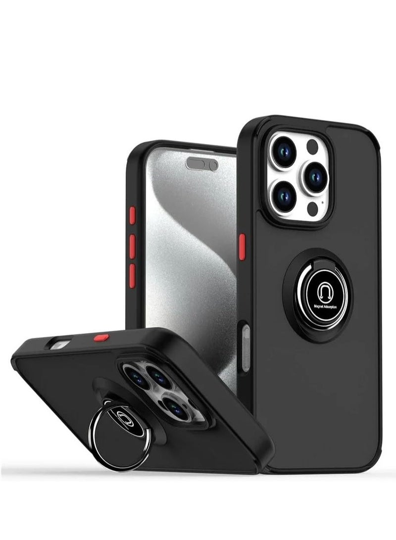Black Shockproof iPhone 16 Case with Metal Ring Holder & Kickstand - Image 1