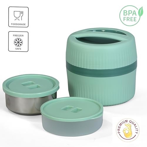 FWQPRA Insulated Bento Box Portable Stainless Steel Food Container Round Microwave Safe Stackable Leakproof Thermal Food Container for Adult Men Women (Green) - Image 2