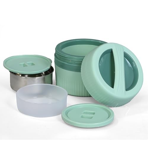 FWQPRA Insulated Bento Box Portable Stainless Steel Food Container Round Microwave Safe Stackable Leakproof Thermal Food Container for Adult Men Women (Green) - Image 1