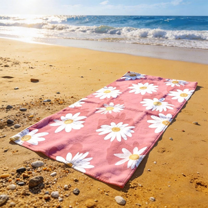Pink Daisy Beach Towel 50x150cm Soft Lightweight Polyester for Men Women Machine Washable - Image 1