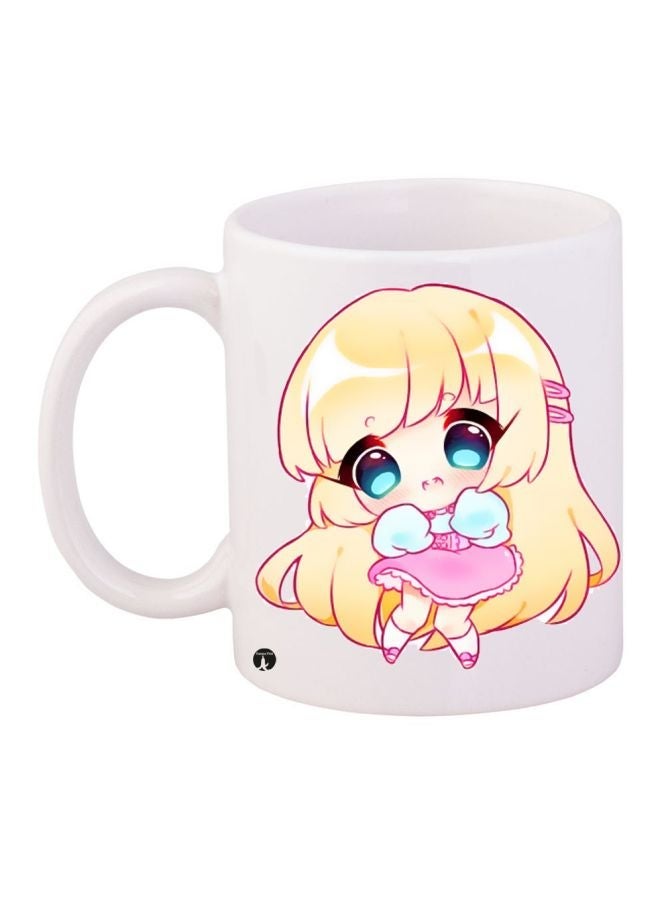 Cartoon Girl Printed Coffee Mug White/Pink/Yellow 11ounce