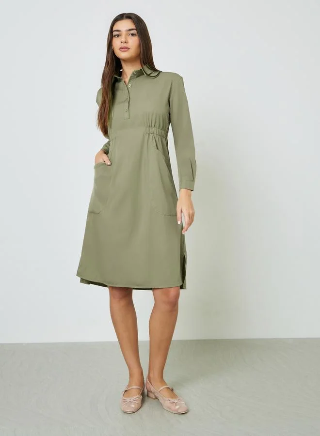 تايك تو Plus Size Khaki Ruched Knee-Length Shirt Dress