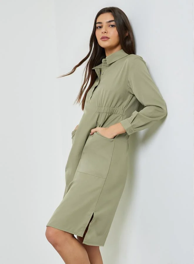 تايك تو Plus Size Khaki Ruched Knee-Length Shirt Dress
