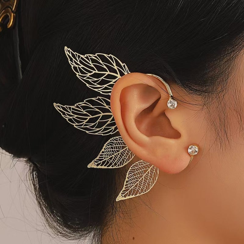 ofeankri European and American Style Minimalist Fashion Flash Diamond Hollow Leaf Ear Cuff Earrings for Non-Pierced Ears - Image 1
