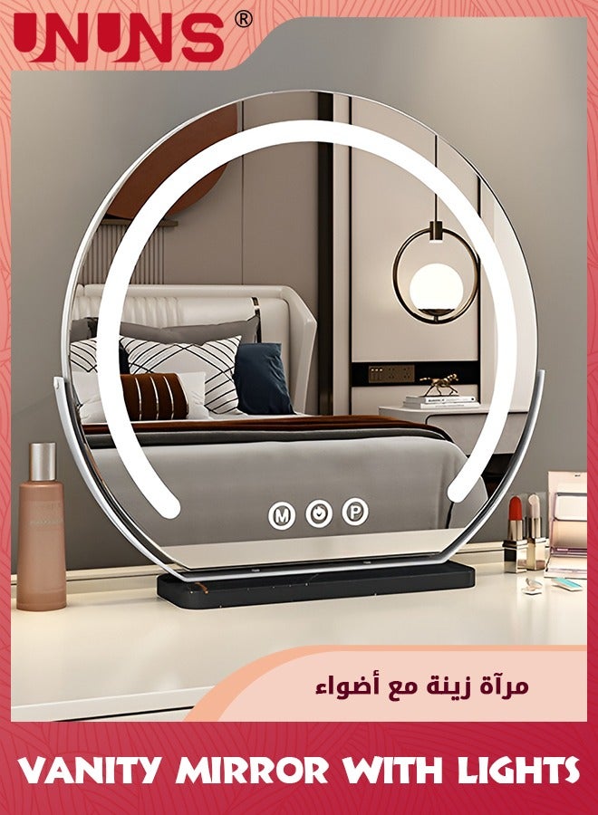 يو إن يو إن أس Vanity Mirror With Lights,17.8(45cm) Semicircle LED Makeup Mirror,Smart Touch Control Dimmable 3 Modes Light 360°Rotation,LED Mirror Makeup Mirror With Lights For Bedroom Tabletop,White - Image 1