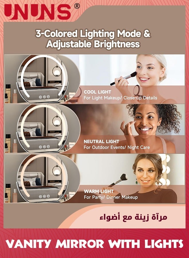 يو إن يو إن أس Vanity Mirror With Lights,17.8(45cm) Semicircle LED Makeup Mirror,Smart Touch Control Dimmable 3 Modes Light 360°Rotation,LED Mirror Makeup Mirror With Lights For Bedroom Tabletop,White - Image 3