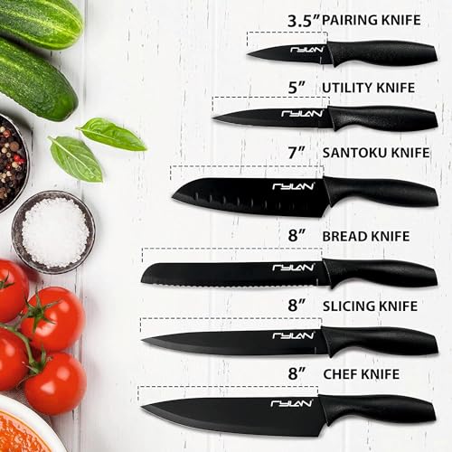 Rylan 6 Pcs Kitchen Knife Set With Covers, High Carbon Stainless Steel Black Coated Chef, Utility, Sontuku, Bread, and Paring Knives (Black) - Image 2