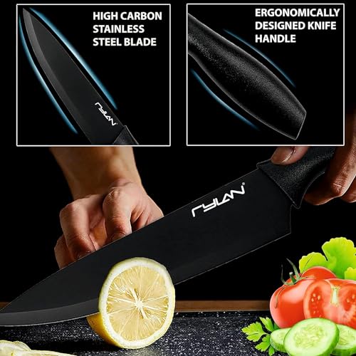 Rylan 6 Pcs Kitchen Knife Set With Covers, High Carbon Stainless Steel Black Coated Chef, Utility, Sontuku, Bread, and Paring Knives (Black) - Image 4