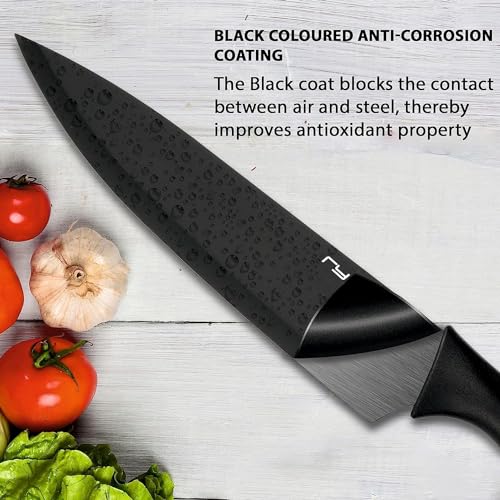 Rylan 6 Pcs Kitchen Knife Set With Covers, High Carbon Stainless Steel Black Coated Chef, Utility, Sontuku, Bread, and Paring Knives (Black) - Image 3