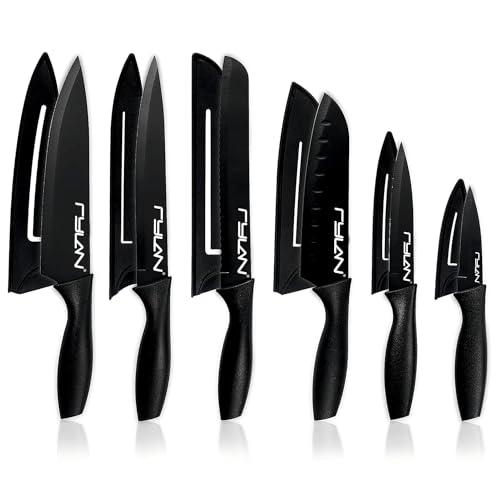 Rylan 6 Pcs Kitchen Knife Set With Covers, High Carbon Stainless Steel Black Coated Chef, Utility, Sontuku, Bread, and Paring Knives (Black) - Image 1