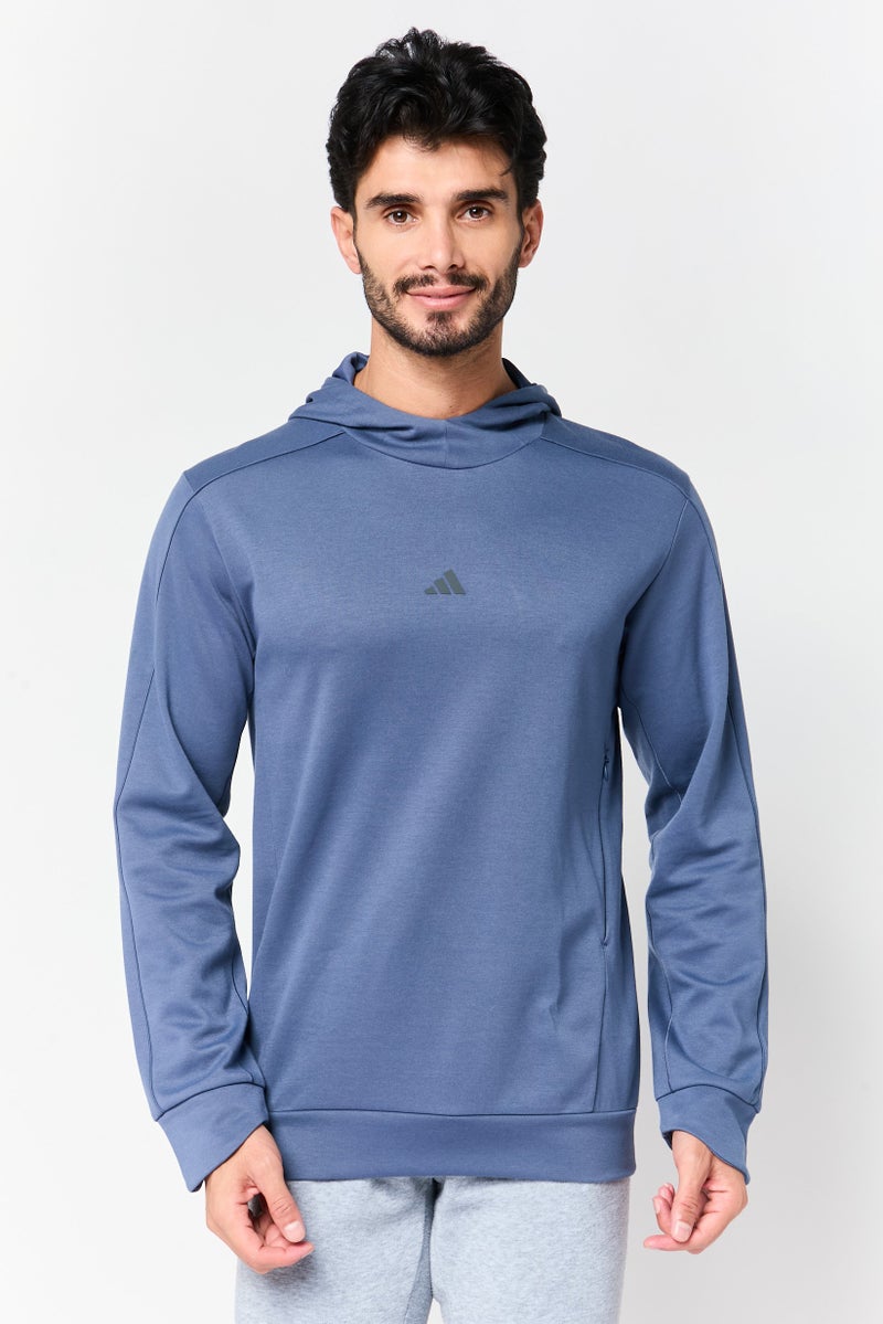 Adidas هودي يوغا للرجال بقصة عادية بأكمام طويلة، أزرق رمادي - Image 1