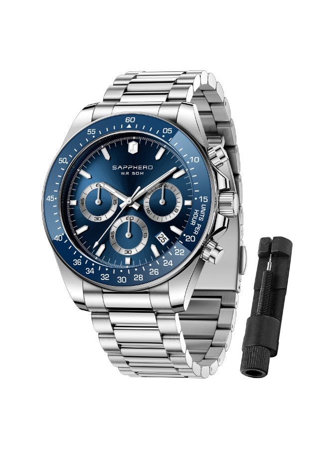 SAPPHERO Mens Watches Analog Quartz Chronograph Stainless Steel Watches for Men 50M Waterproof Men's Wrist Watches with Calendar Luxury Business Work Casual Watch Elegant Gifts for Men - Image 1