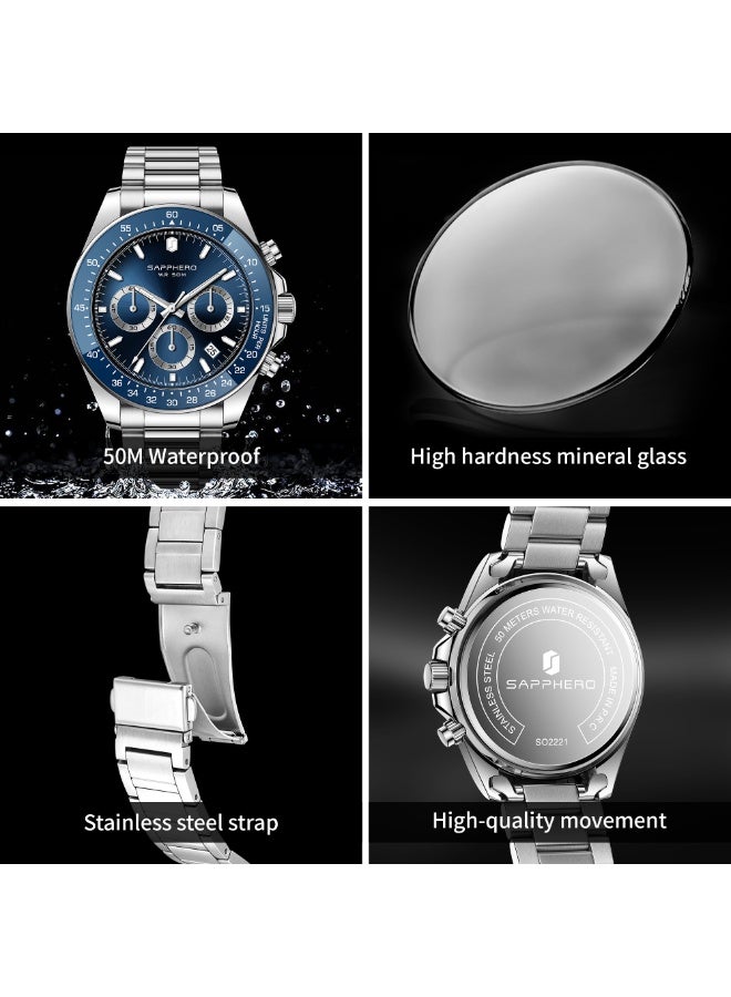 SAPPHERO Mens Watches Analog Quartz Chronograph Stainless Steel Watches for Men 50M Waterproof Men's Wrist Watches with Calendar Luxury Business Work Casual Watch Elegant Gifts for Men - Image 5
