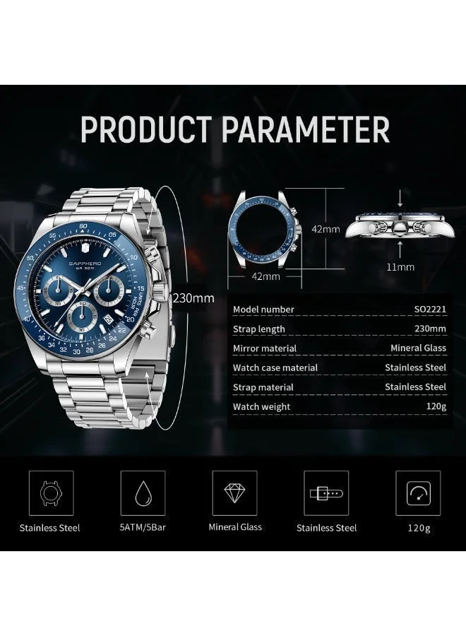 Sapphero  SAPPHERO Mens Watches Analog Quartz Chronograph Stainless Steel Watches for Men 50M Waterproof Men's Wrist Watches with Calendar Luxury Business Work Casual Watch Elegant Gifts for Mens for Men | Best Price UAE