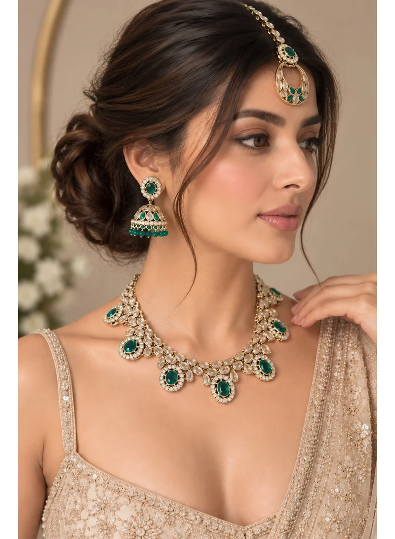 Lehar Teal Kundan Necklace Set with Jhumka Earrings & Tikka - Indian Bridal Jewelry