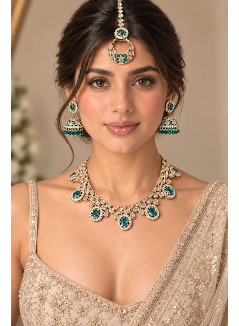 Lehar Teal Kundan Necklace Set with Jhumka Earrings & Tikka - Indian Bridal Jewelry