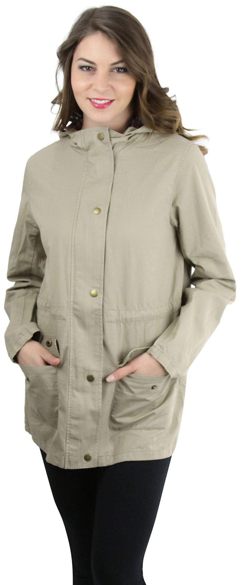 ToBeInStyle Drawstring Waist Womens Hooded Jacket Plaid Lined Classic Khaki Small