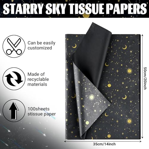 Bolsome 100 Sheets 20 * 14 Inches Galaxy Tissue Paper for Gift Wrapping, Black Gold Moon Star Printed Tissue Paper for Gift Bags for Birthday Christmas Baby Shower DIY Craft - Image 2