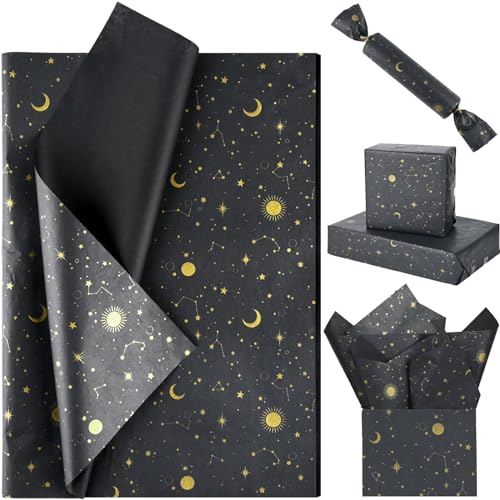 Bolsome 100 Sheets 20 * 14 Inches Galaxy Tissue Paper for Gift Wrapping, Black Gold Moon Star Printed Tissue Paper for Gift Bags for Birthday Christmas Baby Shower DIY Craft - Image 1