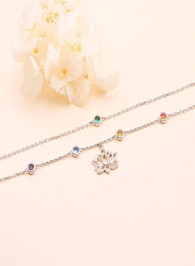 Yearace Lotus Chakra Anklet 925 Sterling Silver Multicolor Cubic Zirconia Ankle Bracelets for Women Adjustable Layered Foot Chain Jewelry Gift for Summer Day - Image 3