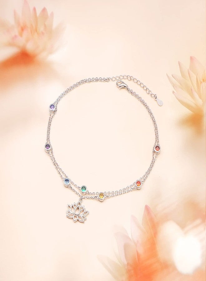 Yearace Lotus Chakra Anklet 925 Sterling Silver Multicolor Cubic Zirconia Ankle Bracelets for Women Adjustable Layered Foot Chain Jewelry Gift for Summer Day - Image 2