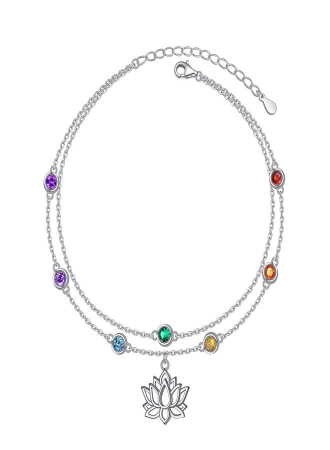 Yearace Lotus Chakra Anklet 925 Sterling Silver Multicolor Cubic Zirconia Ankle Bracelets for Women Adjustable Layered Foot Chain Jewelry Gift for Summer Day - Image 1